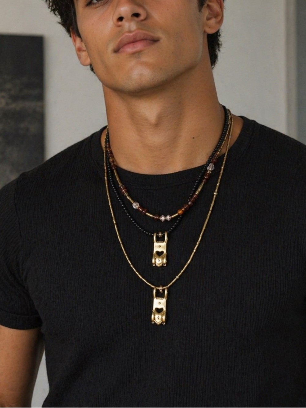 Men's 3 Layered Pendant Necklaces Set with Black and Amber  Batmobile Pendants
